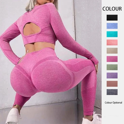 2pcs Sports Suits Long Sleeve Hollow Design Tops And Butt Lifting High Waist Seamless Fitness Leggings Sports Gym Sportswear Out