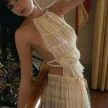 2pcs Women's Dress Suit Sexy Sleeveless Backless Cropped Halter Top And Pleated Long Skirt Beach Clothing