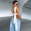 Ins Lace Backless Top Summer Solid Color Waistless Asymmetrical Sloped Neck Vest Streetwear Womens Clothes