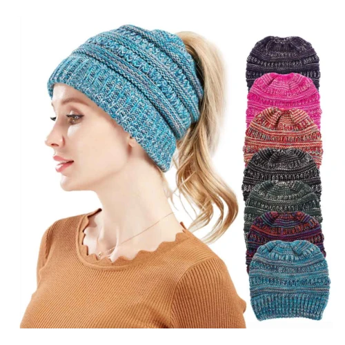 Mixed Color Knitted Wool Hat Ladies Non-labeled Ponytail Hat