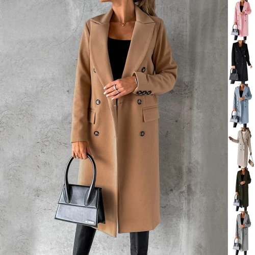Double Breasted Lapel Coat Winter Fashion Solid Slim Long Jacket Long Sleeve Tops Womens Clothing