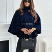 New Stand Collar Batwing Sleeves Cloak Top With Belt Ins Fashion Temperament Jacket Woolen Sweater Outwear For Women Clothing