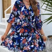 Summer Floral Print Short Sleeves Dress Lace Up Ruffles Design Fashion V-neck Short Dresses Womens Clothing