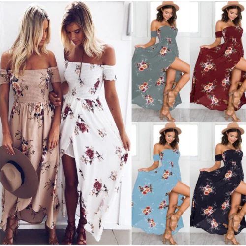 Boho style long dress women Off shoulder beach summer dresses