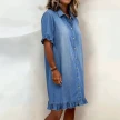 Solid-color Faux Denim Ruffled-edge Shirt Dress