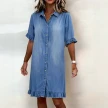 Solid-color Faux Denim Ruffled-edge Shirt Dress