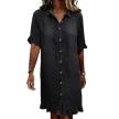 Solid-color Faux Denim Ruffled-edge Shirt Dress
