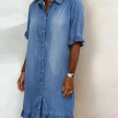 Solid-color Faux Denim Ruffled-edge Shirt Dress