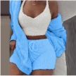Winter Sexy Women Home Wear Suit Casual Pajamas Set Lady Female Soft Warm Long Sleeve Exposed Navel Vest Shorts Set