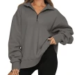 Women Sweatshirts Zip Turndown Collar Loose Casual Tops Clothes