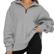 Women Sweatshirts Zip Turndown Collar Loose Casual Tops Clothes