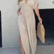 Fashion Bat-sleeved V-neck Slit Dress Summer Short Sleeve Elastic Waist Long Dresses Womens Clothing