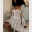 Lace Square Collar Dress Bell-bottom Long Sleeve Tied A- Line Dresses Womens Clothing