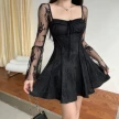 Lace Square Collar Dress Bell-bottom Long Sleeve Tied A- Line Dresses Womens Clothing