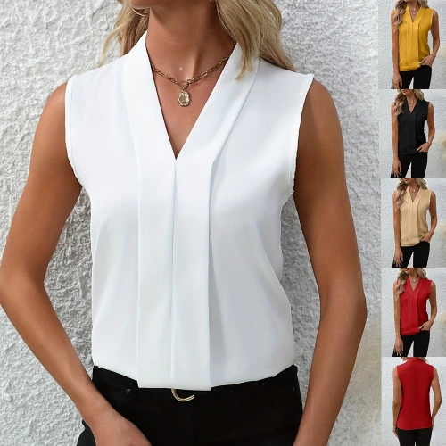 Summer V-Neck Shirt Solid Color Casual Office Daily Sleeveless Shirt Lightweight Women's Top Clothing