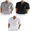 Men's Casual Cotton Linen Solid Color Long Sleeve Shirt Loose Stand Collar