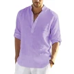 Men's Casual Cotton Linen Solid Color Long Sleeve Shirt Loose Stand Collar