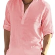 Men's Casual Cotton Linen Solid Color Long Sleeve Shirt Loose Stand Collar