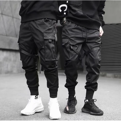 Ribbons Harem Joggers Men Cargo Pants Streetwear Hip Hop Casual Pockets Cotton Track Pants