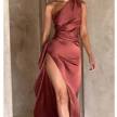 Sexy One-shoulder Backless Slit Dress Summer Elegant Slim-fit Solid Color Satin Dresses For Women